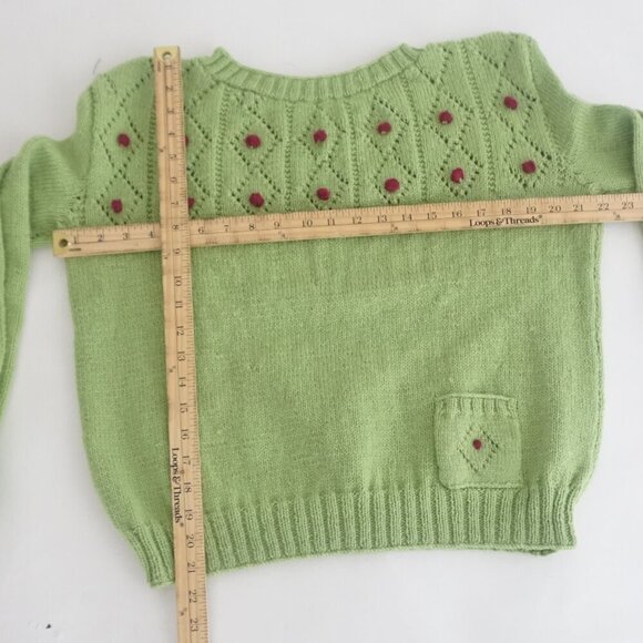 Vintage Hand Knit Lime Green Argyle Crochet PomPom Scoop Neck Sweater Small - Picture 4 of 11